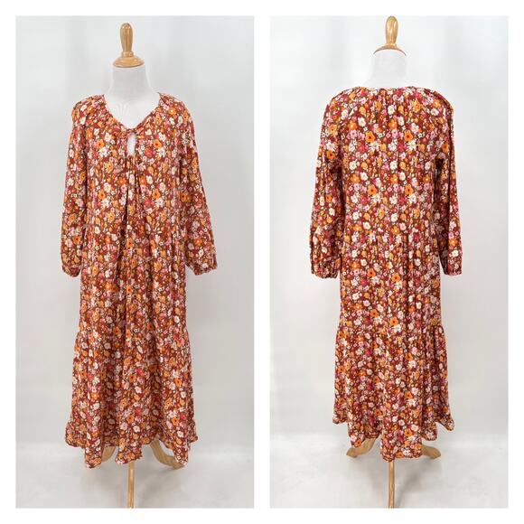 LACAUSA Berkeley Ruffle Midi Dress Womens XS Burnt Orange Floral Balloon Sleeves - Picture 3 of 16